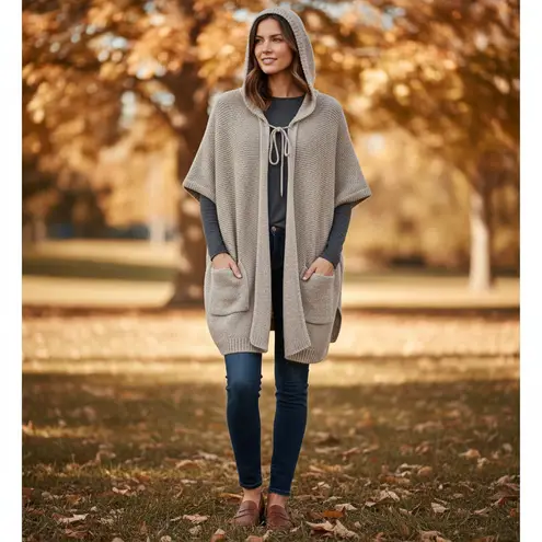 VELVET By Graham & Spencer women's hoodie long open front cardigan wool blend S Tan