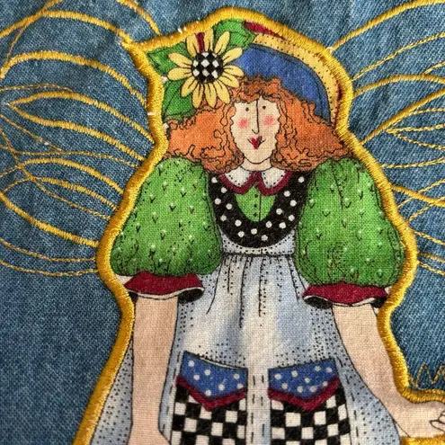 Vintage Quacker Factory Denim Jumper Midi Dress Plus 2X Yellow Floral Embroidery Blue