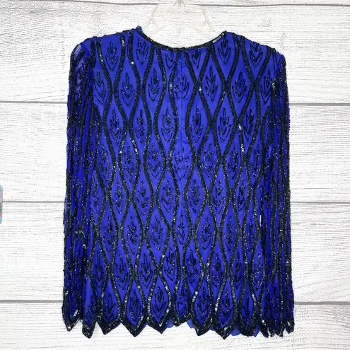 Vintage Stenay Silk Beaded Royal Blue & Black Long Sleeve Blouse Size XS Petite