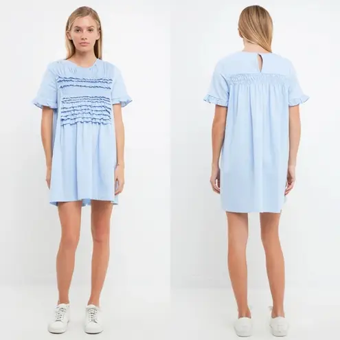 English Factory Mixed Media Ruffle Detail Dress Powder Blue