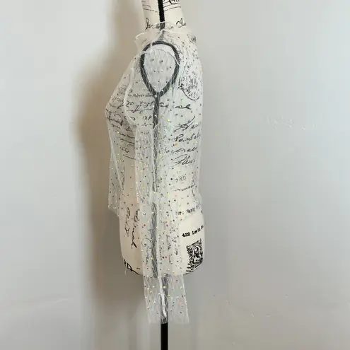 Mesh Top Sheer Long Sleeve Colorful Dots Party Club Layering Top Medium White