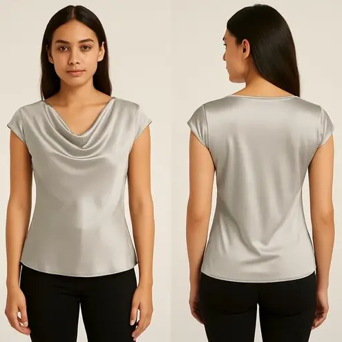 Zelda Silver Cowl Neck Satin Top – Cap Sleeve Draped Blouse (Estimated M) Size M