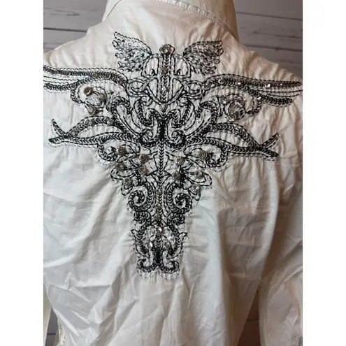 Roar Western Shirt large Signature Cowgirl Rodeo Pageant Blouse White Lace Bling