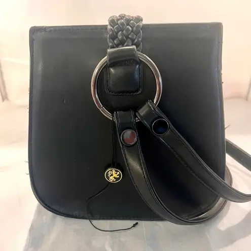 Lionel Black Leather Look Braided and Studded Cross Body Purse with Tassels