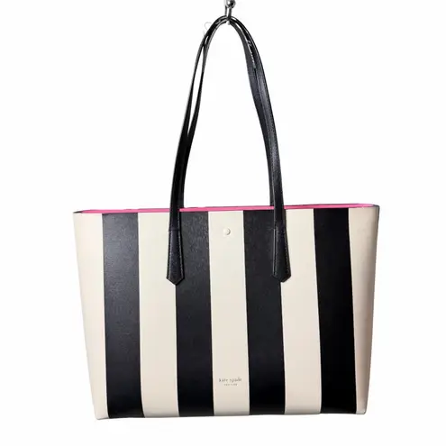 Kate Spade Molly Large Tote Bag Black White Stripes with Pink Interior