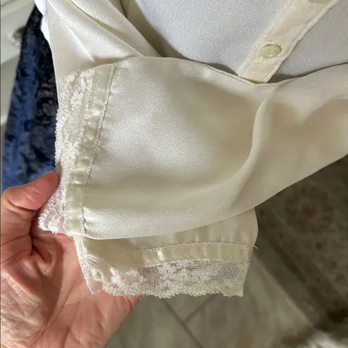 Gunne Sax Vtg 80’s Gunnies cream satin sheer lace Victorian button down feminine blouse M