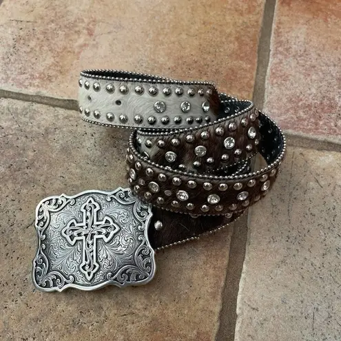 NOCONO COW FUR SILVER CROSS BUCKLE BELT WESTERN SIZE L Brown Size L