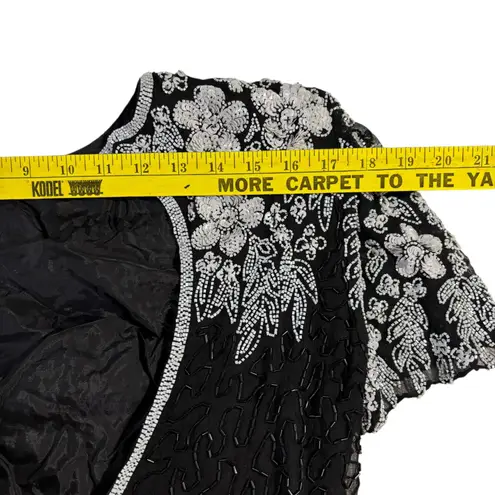 Vintage Beaded Dress Black Silk Party Cocktail Dress Open Back M Size M