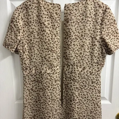 Maggy London Vintage Maxi Dress Tan Ditsy Floral Size 14 Short Sleeve Brown