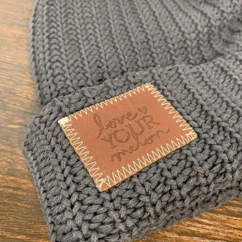 Love Your Melon  Women's Grey One Size Knit Cuffed Brown Patch Pom-Pom Beanie Hat