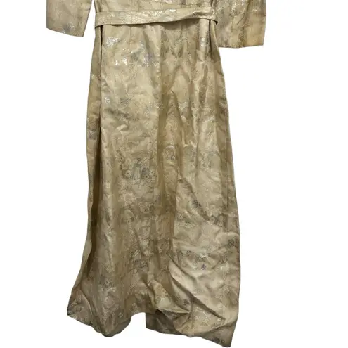 Vintage Handmade Brocade Duster Robe Gold Metallic Jacquard Belted Long Coat M Size M