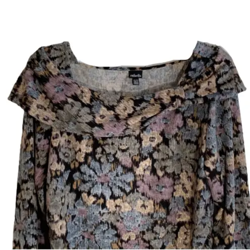 Rafaella Top Sweater Blue Black Lavender Floral Boat Neck Cowl Top Shirt Size XL