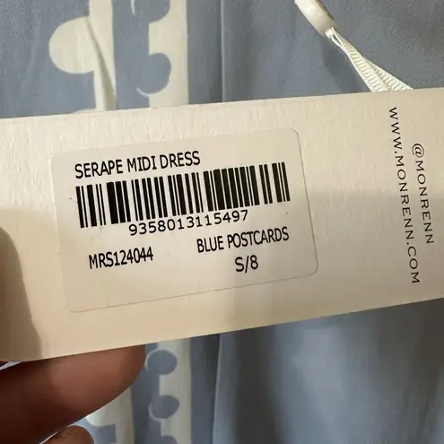 NEW Mon Renn Serape Midi Dress Blue Postcards White Pattern Size Small/8