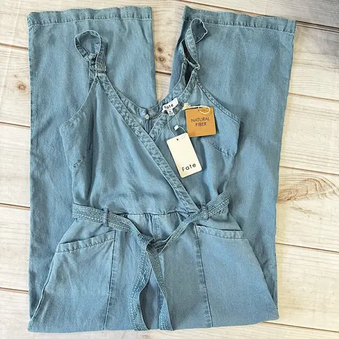 FATE. Natural Fiber Tencel Denim Wrap Front Wide Leg Jumpsuit w Tie Belt Small