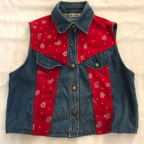 90s Sun River Red blue western cowgirl denim vest jacket with paisley bandana print and pockets #cottagecore #biker #Y2K #streetwear