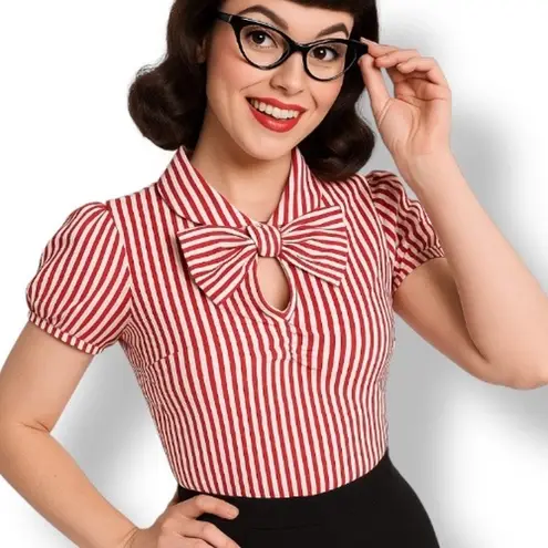 Tatyana Red White Striped Bow Blouse Retro Quirky Puff Sleeve Top Whimsical