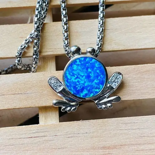 Sterling Silver Blue Opal CZ Frog Necklace