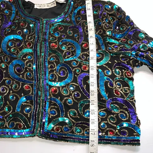Scala Vintage Black and Blue Sequin Embellished Crop Blouse / Trophy Jacket