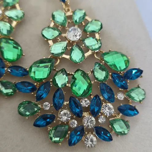 Boutique Large Statement Earrings Gold and Teal Blue with Green Chandalier