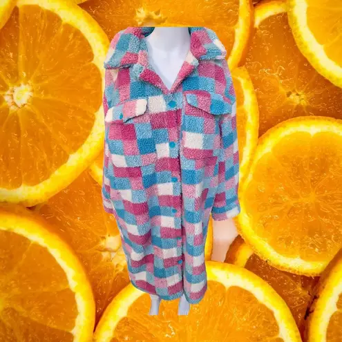 Cozy Sherpa Checkered Shacket Pink Blue White Womens Long Jacket Size XL