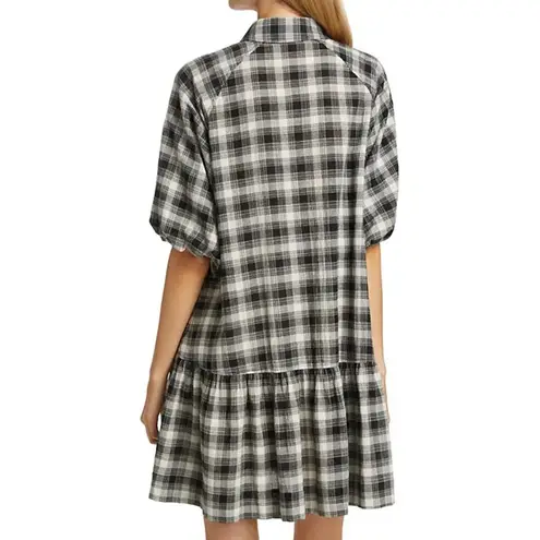 Jonathan Simkhai Crissy Black Plaid Checkered Short Puff Sleeve Mini Shirt Dress
