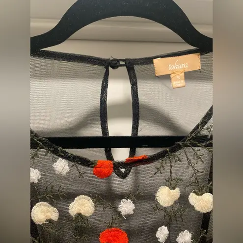 Takara Black Mesh Overlay Red Floral Embroidered Knee-Length Short Tulle Dress