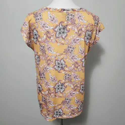 Scarlett Love Mustard Stripe Front Floral Back Gathered Hem Tee Size Medium