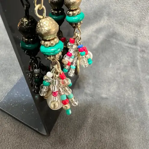 Boho Beaded Dangle Earrings Hammered Metal Beads Turquoise Red Y2K Bohemian Green