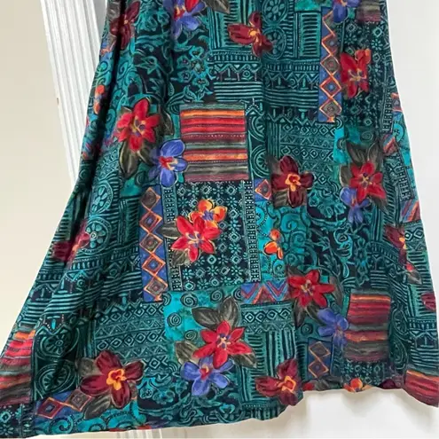 Women’s Vintage Hawaiian Maxi Dress size Medium Teal Floral Tribal Kaftan Casual Multiple