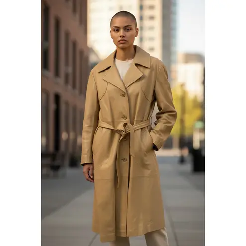 Leather Trench Coat Belted Tan Full Length Vintage Style Classic Chic