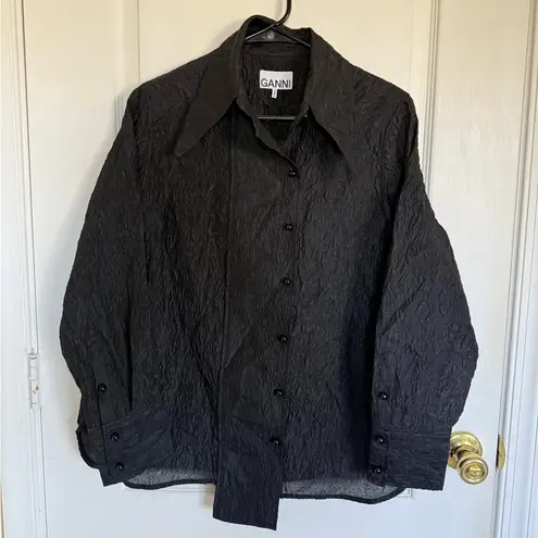 Ganni Jacquard Organza Wide Placket Shirt in Black