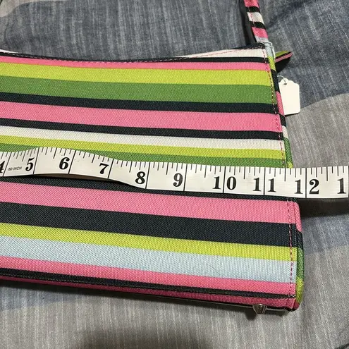 STRIPED MULTICOLORED SHOULDER BAG PINK GREEN BLUE CANVAS LIKE BAG THIN HANDLES