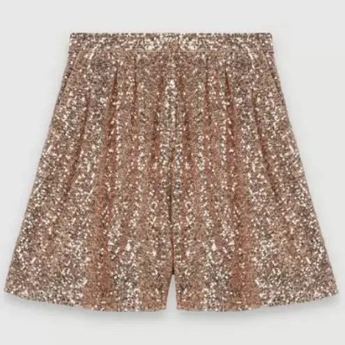 Maje 💕💕 Paillette Pleated Sequined Tulle Shorts High Rise ~ Metal Pink 34 NWT
