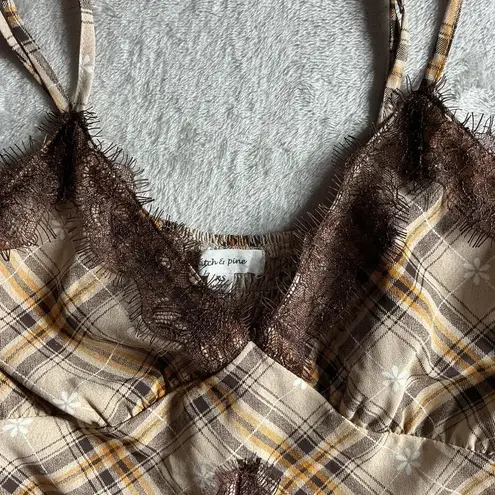 Stitch Pine Plaid Lace Trim Cami Dress XS Brown White Yellow Flannel
