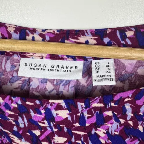 Susan Graver Abstract Print Blouse Large Purple Liquid Knit Stretch Comfy Office