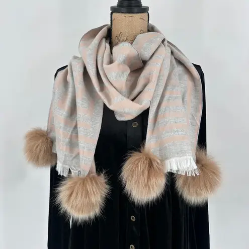 Vibrant Cashmere Scarf with Faux Fur/Fur Pom Poms Gray & Tan Striped Abstract