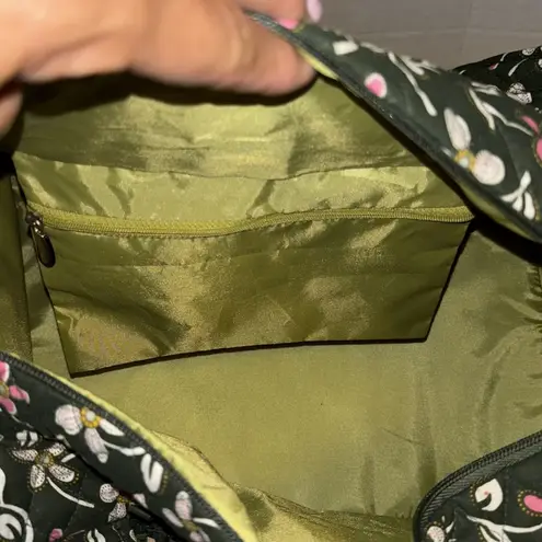 GREEN YELLOW FLORAL QUILTED DUFFLE BAG 2 HANDLES CROSSBODY STRAP LUGGAGE STRAP