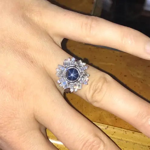 Natural Blue Star Sapphire Moissanite Sterling Silver Ring Size 6