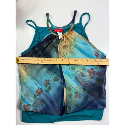 New Tower Floral Tank Top Sleeveless Teal Blue Overlay USA Made Small