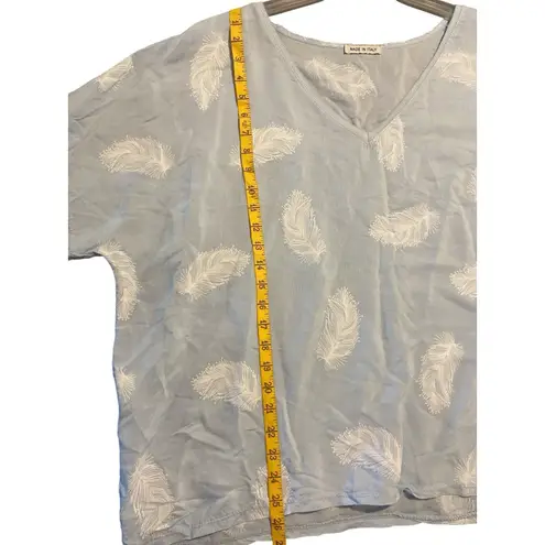 Made in Italy Blue Feather Print Rayon Blouse Top Women’s One Size Size XL