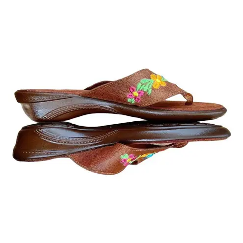 Mexican Sandals Open Toe Wedge Faux Suede Floral Embroidered Brown US 8