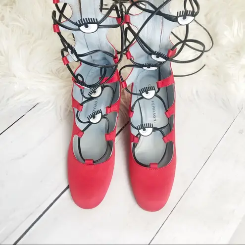 Chiara Ferragni Women's Red Satin Lace Up Hidden Back Zip Heels Size 36