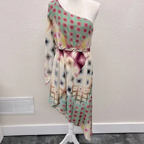 Charlie Jade One Shoulder Geometric Watercolor Pixel Cascade Dress S Silk