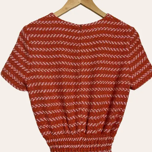 Maje Coral Pink Orange Wool Tweed Short Sleeve Smocked Mini Cocktail Dress 2 New