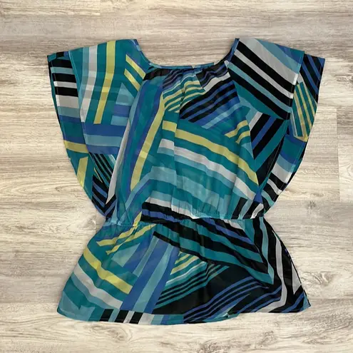 I.N. San Francisco Blue Black Yellow White Striped Sheer Short Sleeve Blouse XL