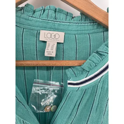 LOGO By Lori Goldstein  Teal Striped Ruffle Collar Button Front Blouse Top 2X