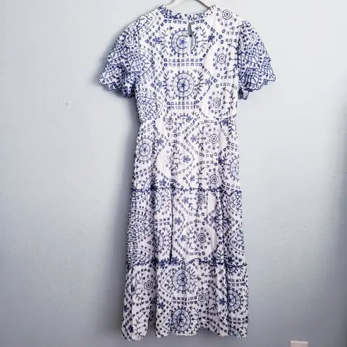 Baltic Born Mirabel White And Blue Eyelet Midi Dress