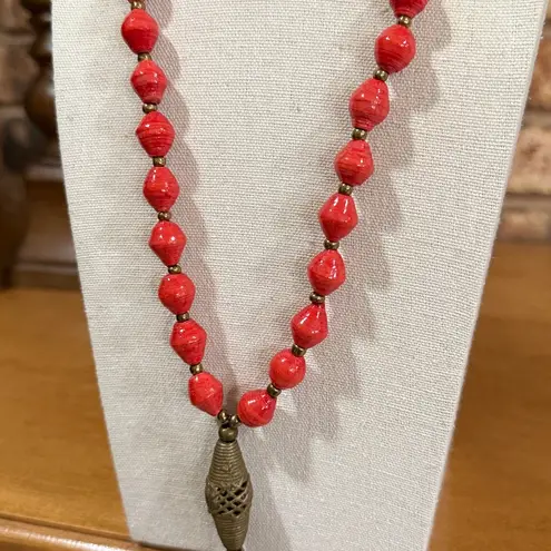 Vintage Red paper beads, bronze accents and leather chain & tassel necklace