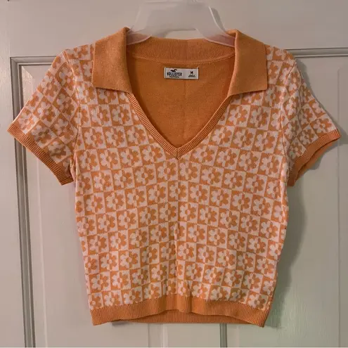 Hollister  Orange Collared Floral V-Neck Short Sleeve Fitted Crop Top Sweater