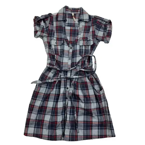 Willow & Clay Women Size XS Plaid T-Shirt Dress Blue Red Belted 11-721